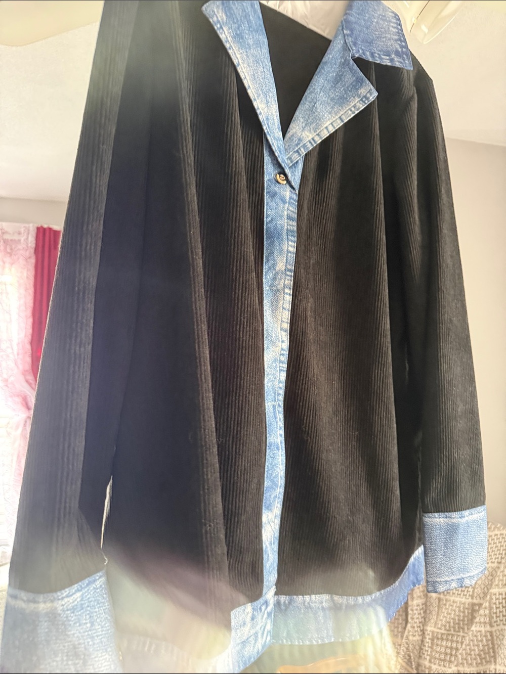 Black Corduroy Button-Down Shirt with Blue Denim Trim faux
